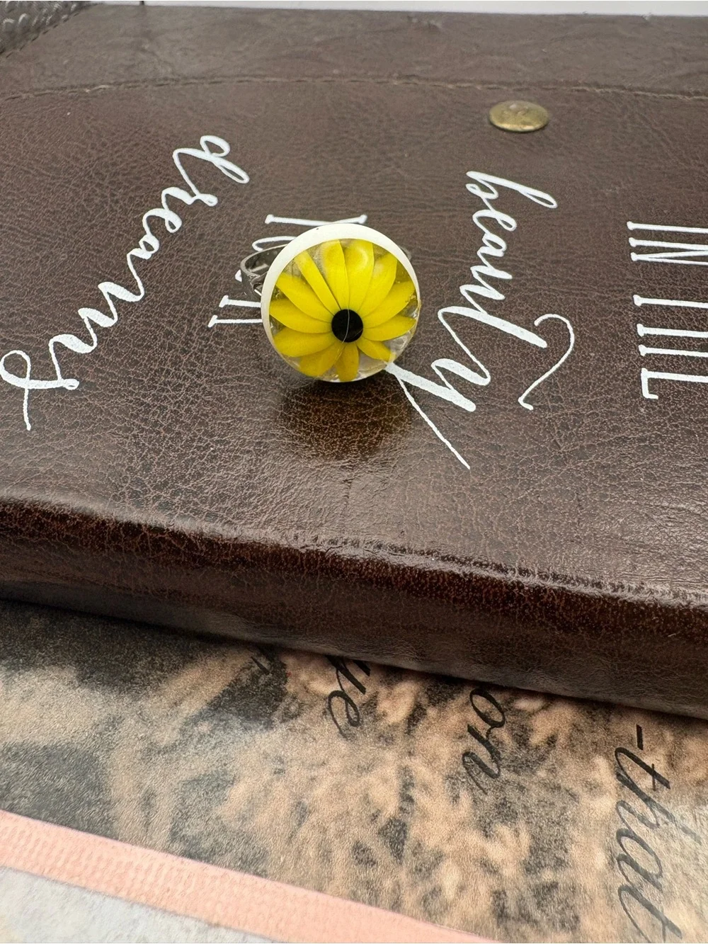 Vintage 60s 70s Yellow Flower Cabochon Upcycled Adjustable Ring